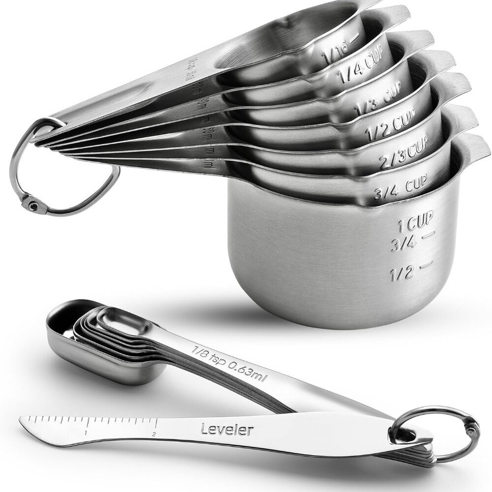 Stainless Steel Measuring Cups and Spoons Set of 14 with Leveler, Nesting Kitche
